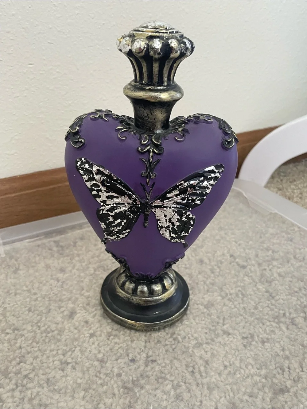 Gothic Butterfly Vintage Distressed Ornate Heart Shaped Decanter Halloween Decor